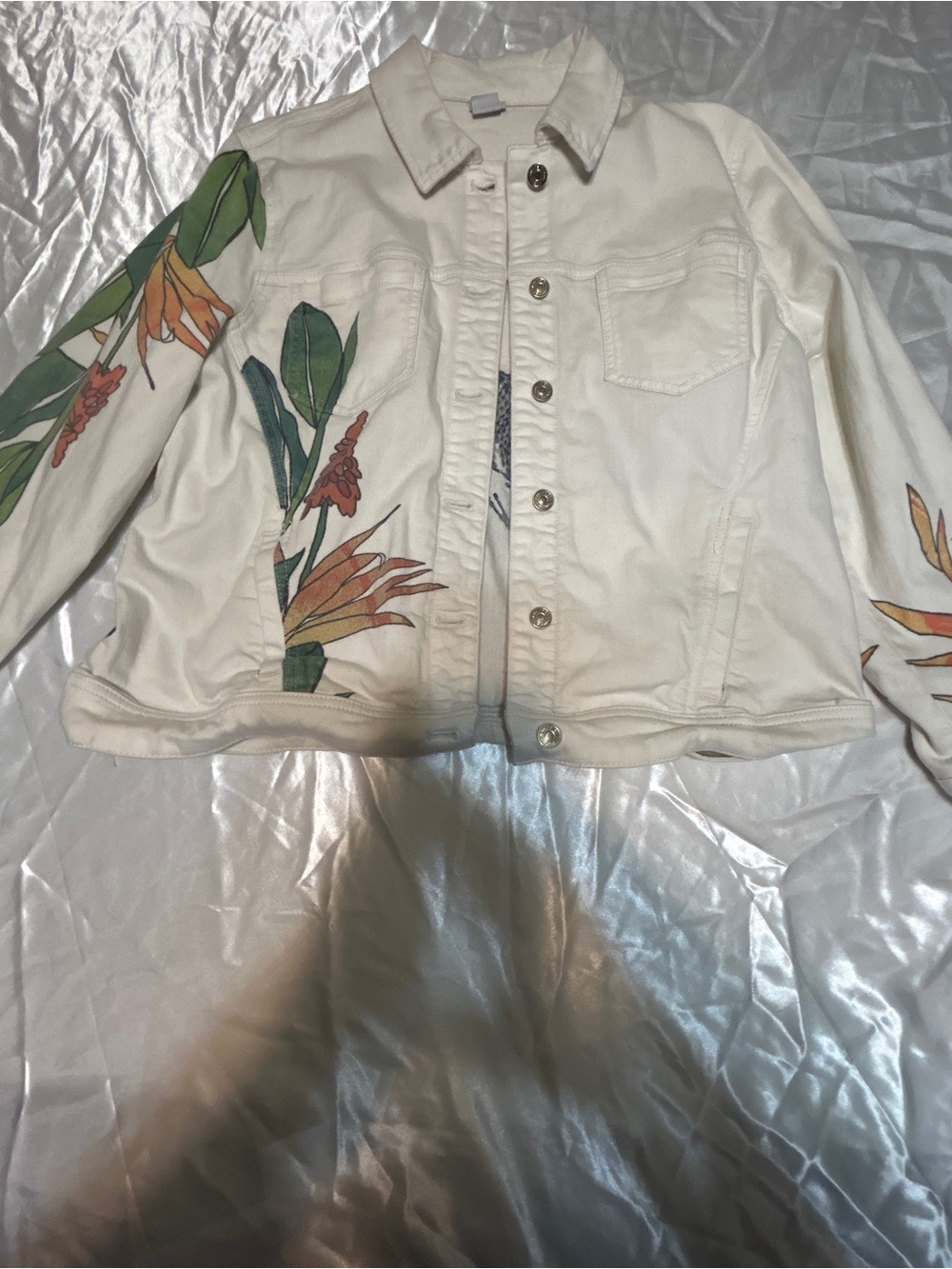 Chico's Tropical Embellished Crane White Denim Jacket Size 3 XL